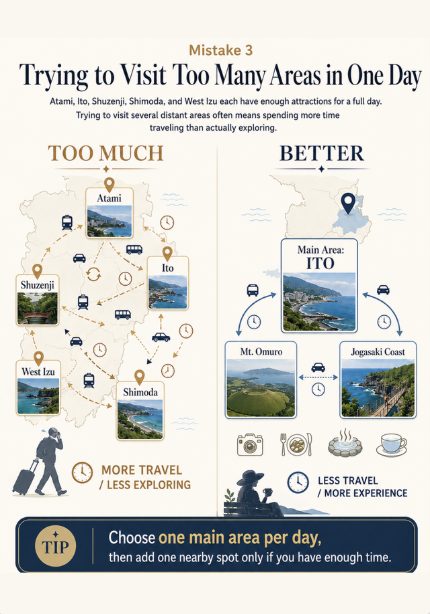 Sample page: 'Trying to Visit Too Many Areas in One Day', comparing a crowded plan with a focused Ito-based plan